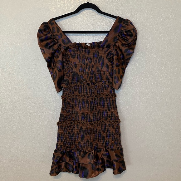 Karlie Smocked Ruffle Leopard Print Square Neck Mini Dress Small - Picture 6 of 10